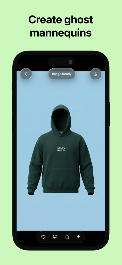 Lorean: AI Product Studio - A dark green hoodie displayed with the ghost mannequin effect in the Lorean app.