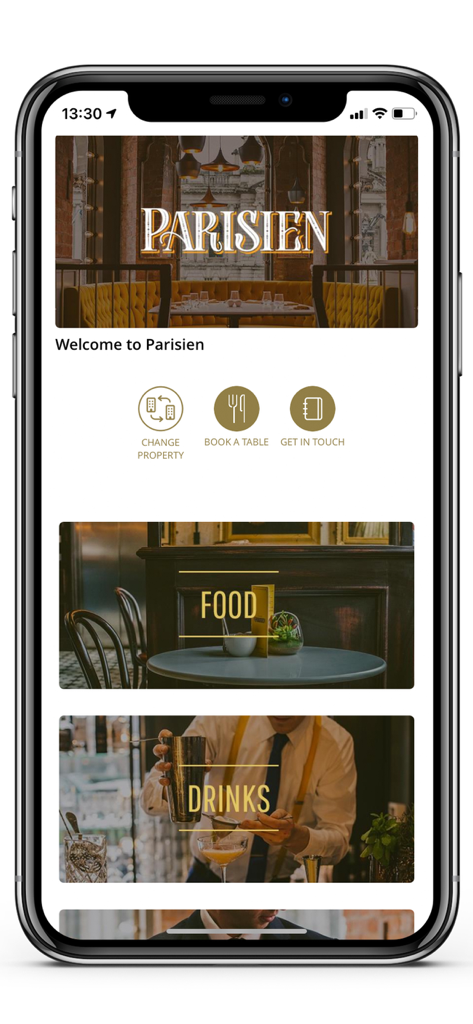 Galgorm Collection - Mobile app screen for Parisien restaurant featuring food and drinks menus and a table booking option.