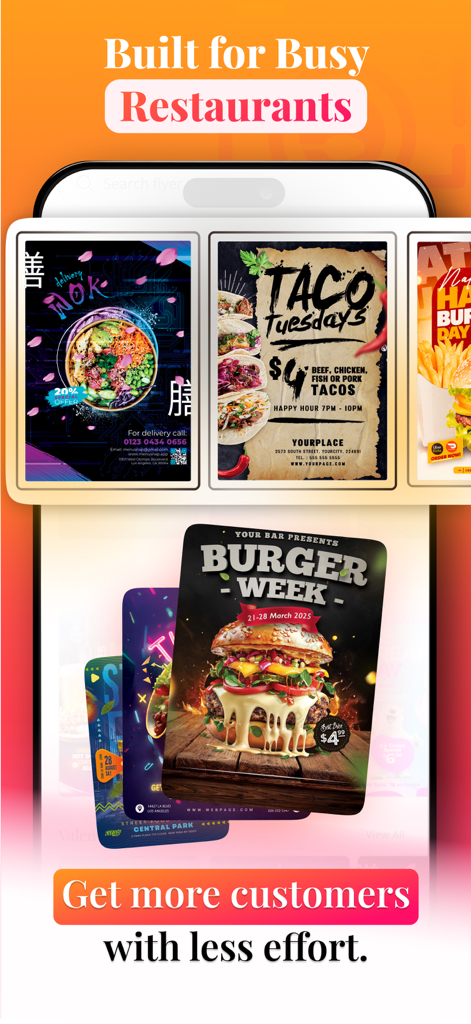 MenuSnap: Flyer Maker - Aplicativo MenuSnap mostrando uma variedade de modelos profissionais de folhetos de alimentos para restaurantes, incluindo hambúrgueres e tacos
