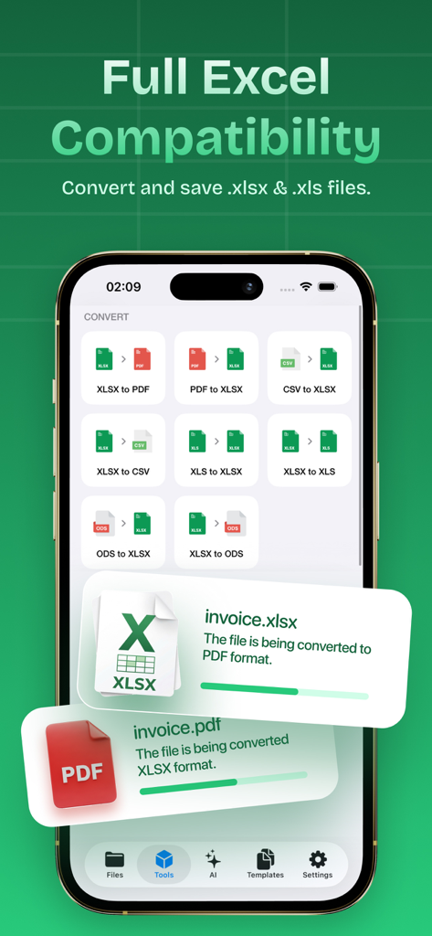 XLSX Editor: Edit Spreadsheets - XLSX Editor app interface showing options to convert spreadsheet files between formats like PDF and CSV