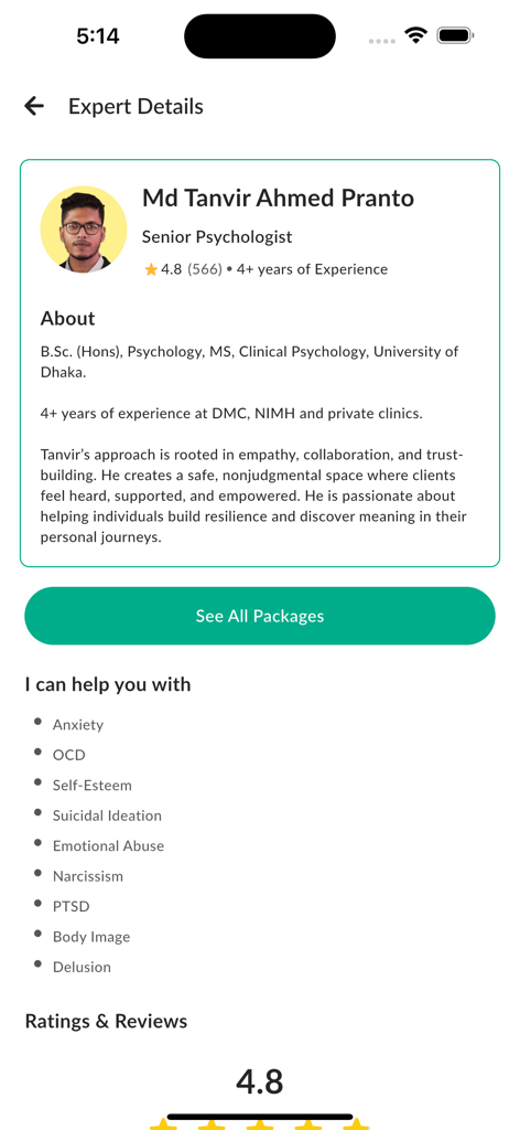Profile of a senior psychologist on the Relaxy app showing qualifications and mental health services