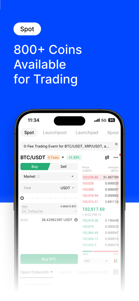 BingX: Buy Bitcoin & Crypto - BingX mobile app interface showing spot trading screen with over 800 coins available