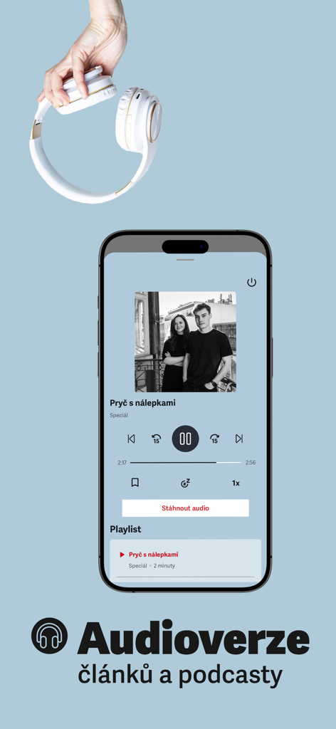 Respekt - Interfaz de smartphone que muestra versiones en audio de artículos de noticias y podcasts en la aplicación Respekt
