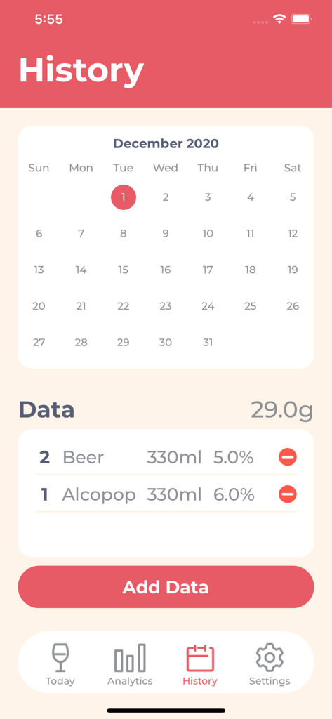 Drinking Log - The history screen of the Drinking Log app displaying a calendar and recorded alcoholic drinks for a selected day.