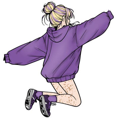 realistic girl jumping with a bun and oversized sweatshirt