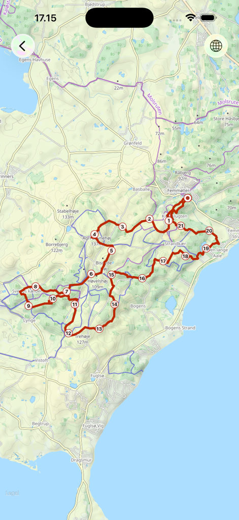Rota detalhada de treino GPS em um mapa com pontos de rastreamento numerados