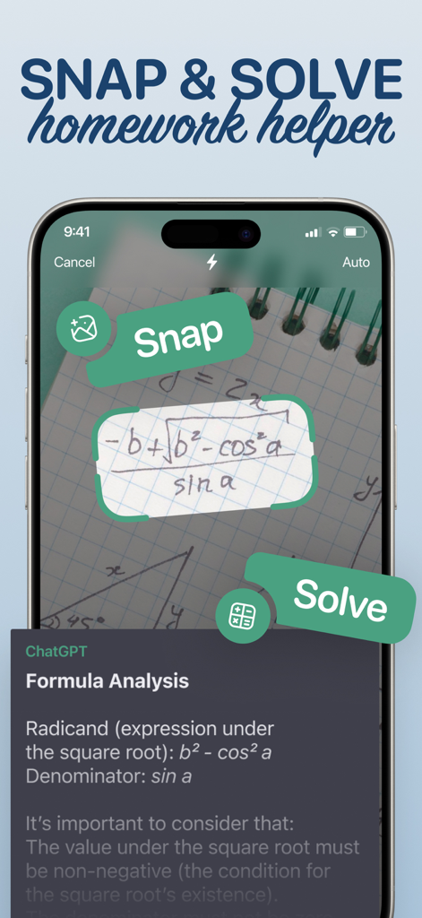 Interfaz de la app AI Chat Assistant mostrando la función Snap and Solve analizando una fórmula matemática escrita a mano usando la cámara