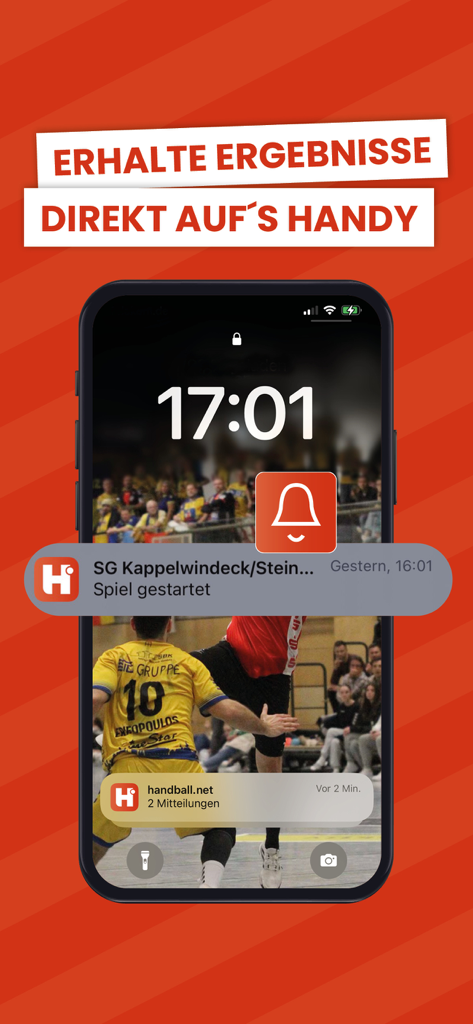 Handball.net - Handball.net app notifications showing live match updates on a smartphone lock screen.