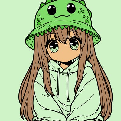 girl with anime shaped eyes with a dinosaur bucket hat oversized sweatshirt long straight hair