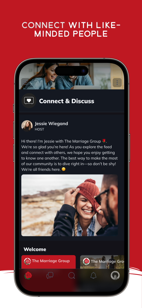 Marriage Every Day - カトリックのカップルのためのコミュニティ歓迎投稿とインタラクションフィードを特徴とするMarriage Every Dayアプリの「つながって話し合う」画面。