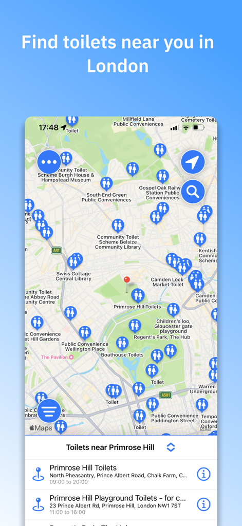 Vue cartographique de l'application Toilets4London montrant les emplacements des toilettes publiques à Londres