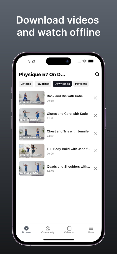 Physique 57 On Demand - Physique 57 On Demand app screen showing downloaded workout videos for offline viewing