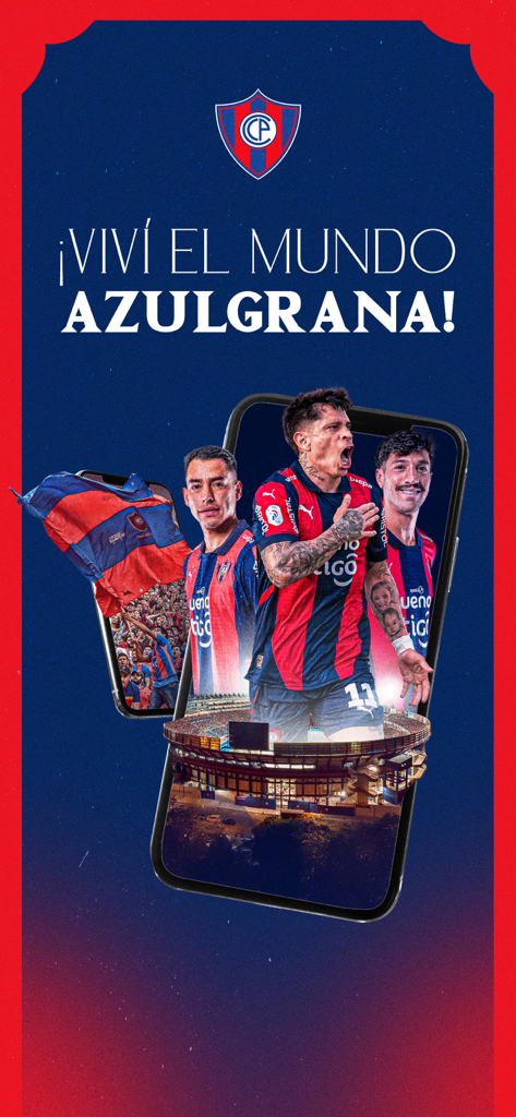 Club Cerro Porteño - Club Cerro Porteno app promotional screen with players and stadium