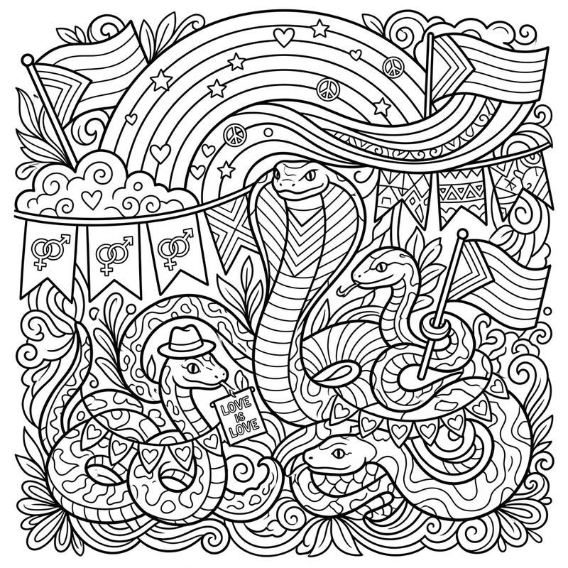 Dive into a unique celebration of diversity with this captivating coloring page, where stylish snakes embrace the spirit of Pride Month. Featuring intricate details and a vibrant theme, it's perfect for teens looking to express their creativity and show support.