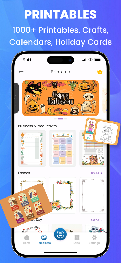 Smart Printer: iPrint App Scan - Smart Printer app screen displaying a library of printable templates including calendars planners and holiday cards