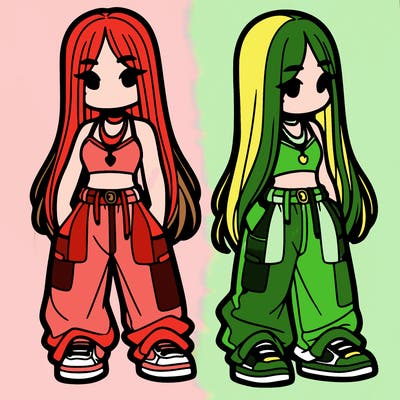 girl in baggy pants crop top and long hair