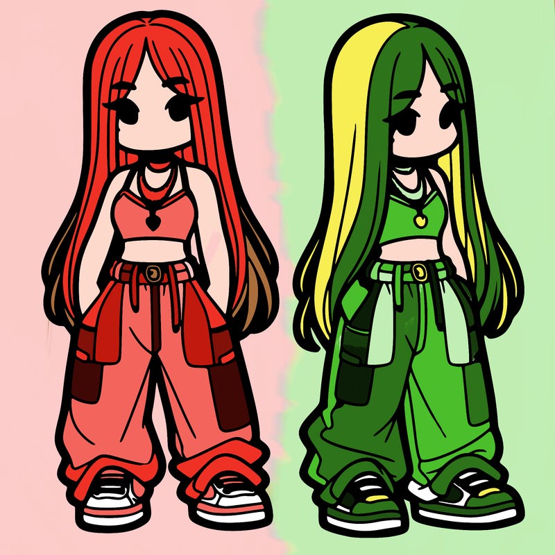 girl in baggy pants crop top and long hair