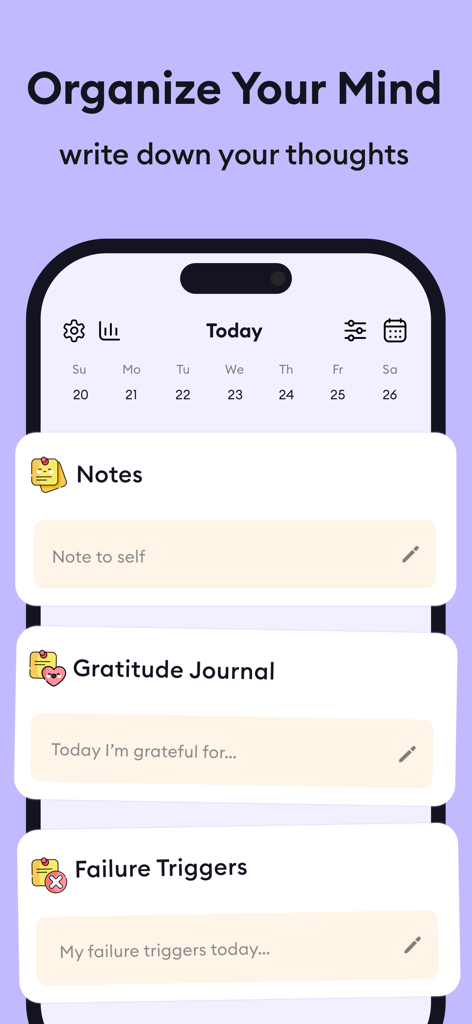 Pantalla del planificador TDAH de Planwoo con secciones de notas, diario de gratitud y desencadenantes de fallos