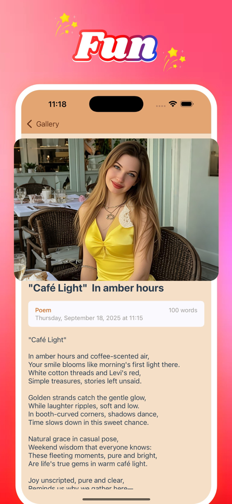 Peego - Peego app screenshot showing an AI-generated poem based on a photo of a woman in a yellow dress at a cafe