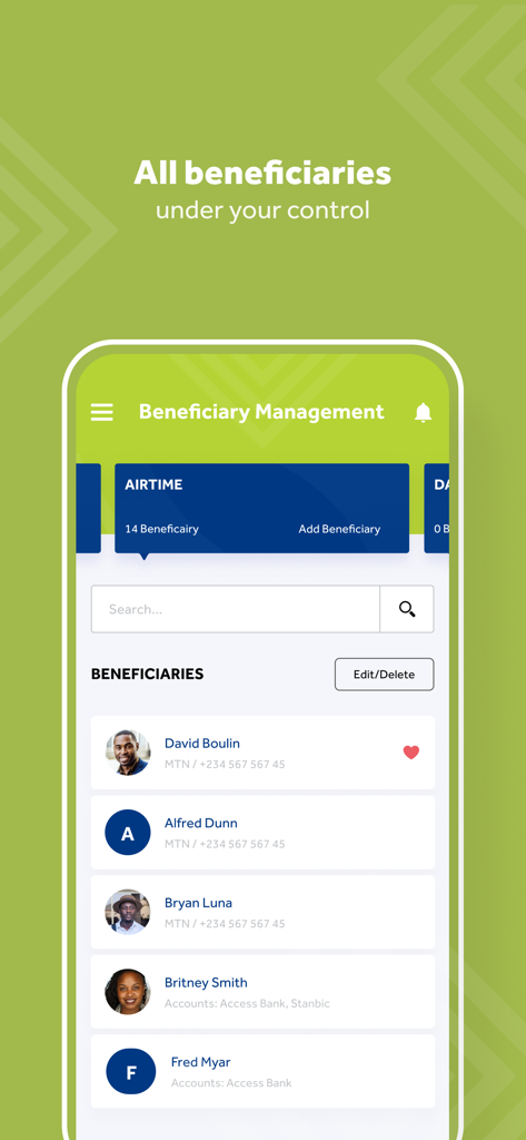 저장된 연락처 목록을 보여주는 Access Bank Ghana 모바일 앱의 수혜자 관리 화면