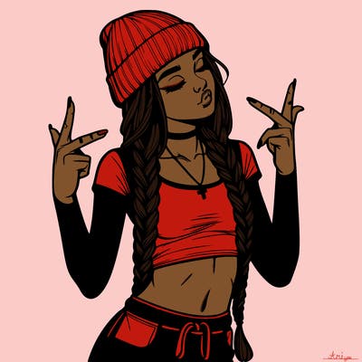 realistic teenage girl with braids and a beanie and crop top doing 🫶🏼