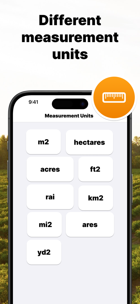 Field Area Measure - A smartphone interface showing various measurement units like acres and hectares in the Field Area Measure app