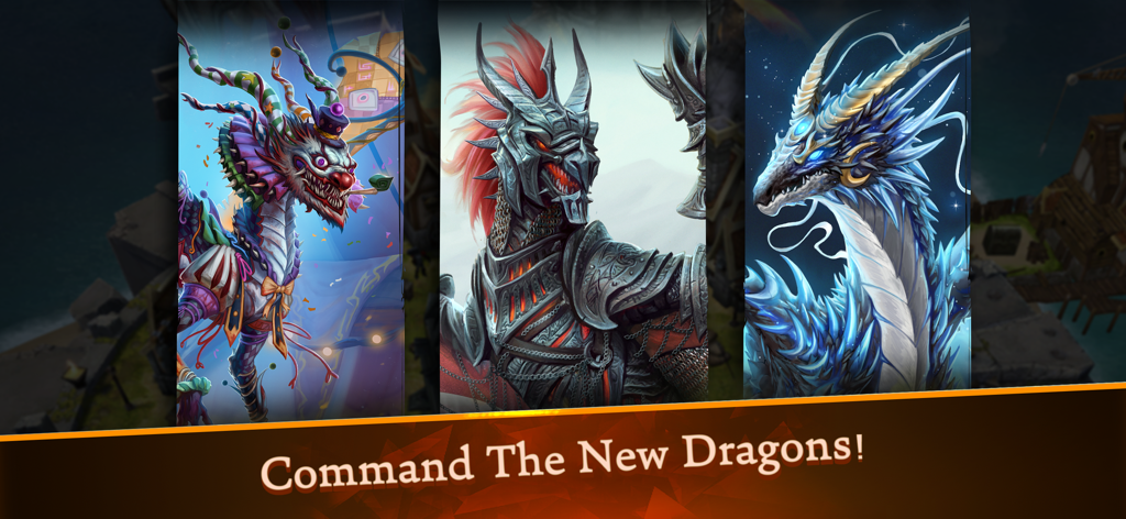 Tres dragones legendarios únicos del juego móvil War Dragons, incluyendo un dragón bufón, un dragón acorazado y un dragón de hielo