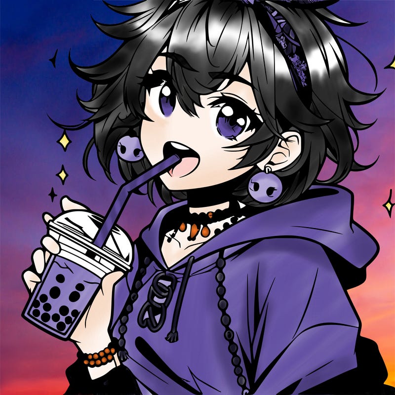 hot baddie anime girl drinking boba and biting the straw