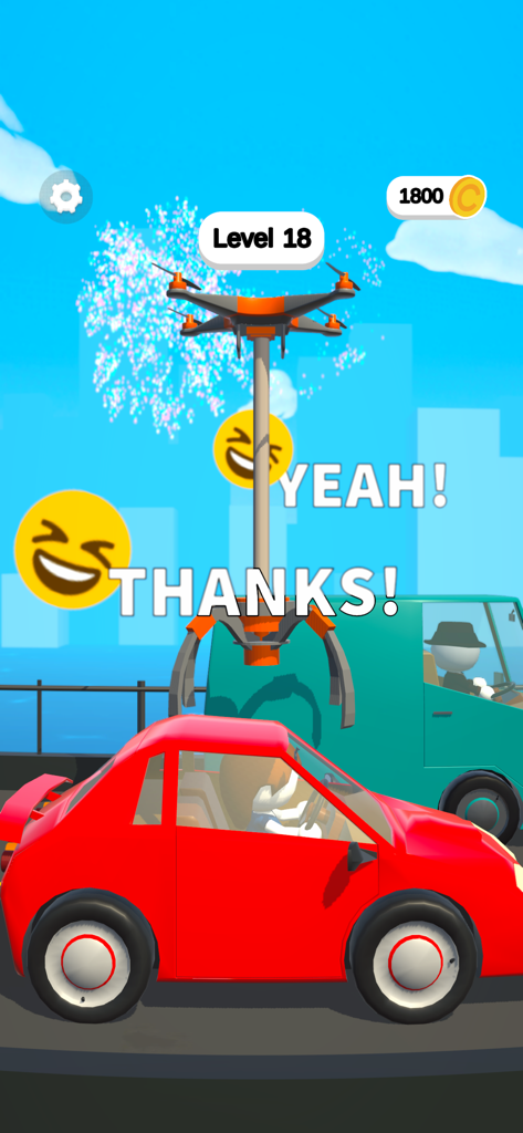 Claw Builder: Drone Machine - A gameplay screenshot of Claw Builder showing a construction drone with a crane claw hovering over a red car with celebratory fireworks and text in the background.