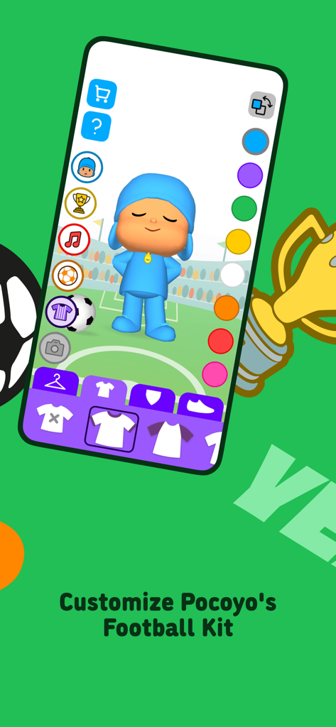 Talking Pocoyo Football - Pantalla de personalización de uniformes de fútbol de Pocoyó con varias opciones de color y camisetas.