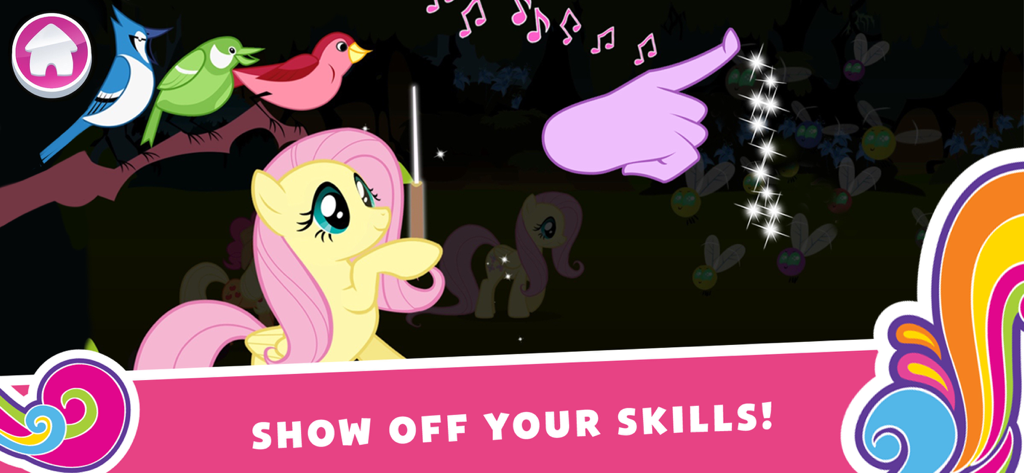 My Little Pony: Harmony Quest - Fluttershy interagindo com pássaros coloridos em um minijogo de My Little Pony Harmony Quest