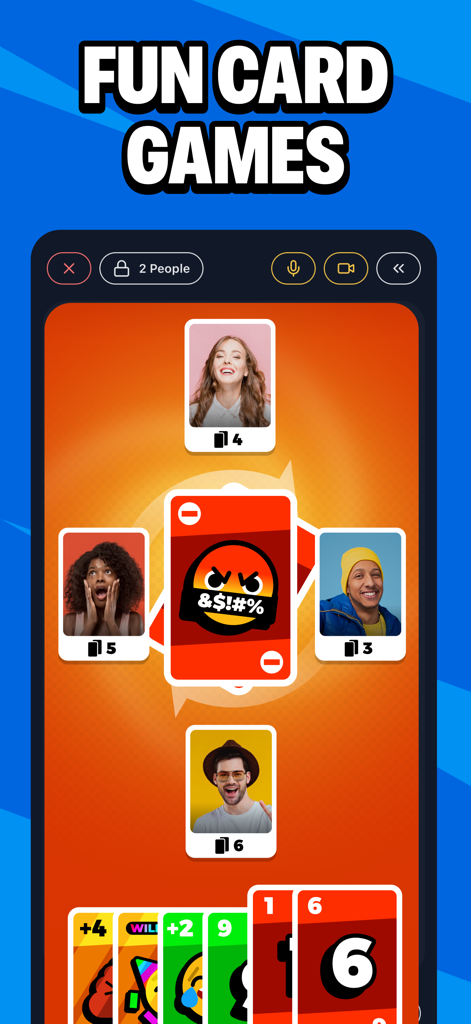 A multiplayer card game screen on the MiniParty app showing four players with video chat icons