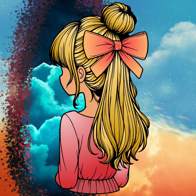 realistic girl  with hip length hair a bun and a big bow on the back of head