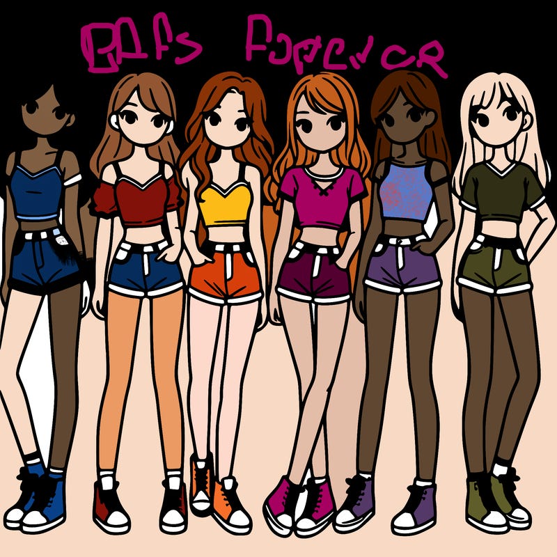 a group of girls wearing crop tops and shorts