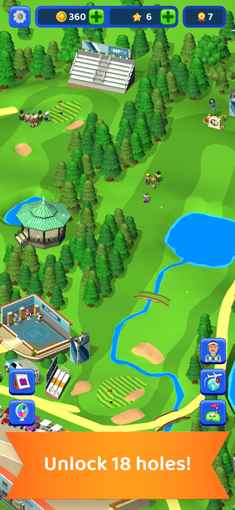 Idle Golf Club Manager Tycoon - A colorful isometric view of a golf course with players and a banner to unlock eighteen holes