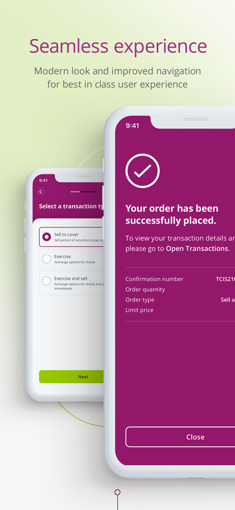 EquateMobile - Two iPhone screens showing the EquateMobile app transaction selection and successful order confirmation page