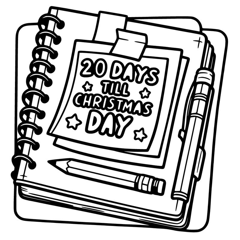 note book and a sticky notes on top one saying 20 days till christmas day