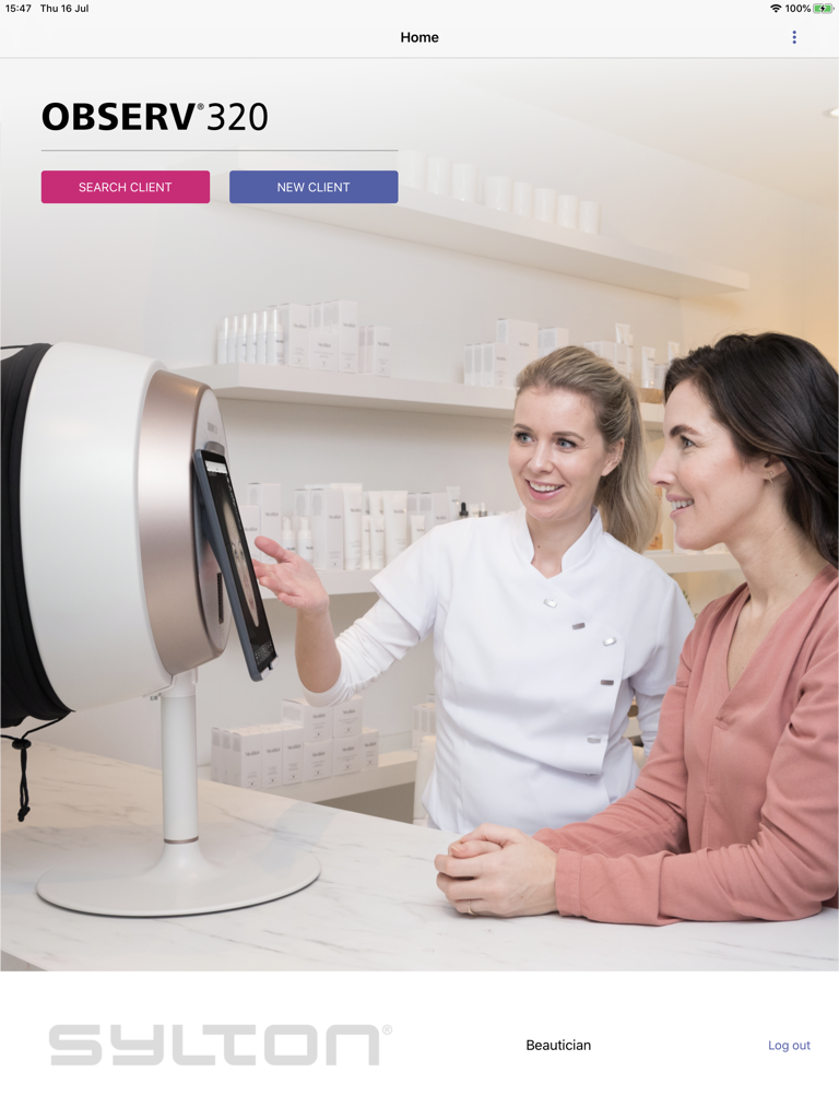 OBSERV 320 - Home screen of the OBSERV 320 skin analysis app featuring client management buttons and a professional consultation scene