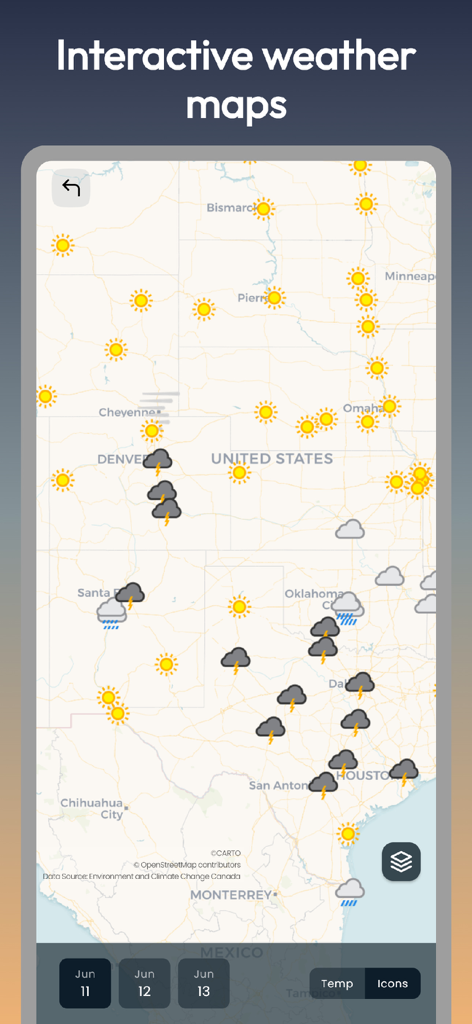 Gusty - weather dashboard - Mappa meteorologica interattiva su una dashboard mobile che mostra condizioni soleggiate e temporalesche negli Stati Uniti.