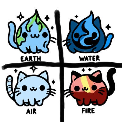 4 cats that represent the different elements, earth, water, air, and fire