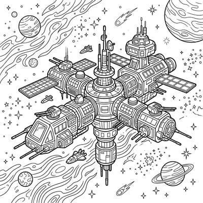 Prepare for an intergalactic coloring mission with this detailed military space station. Featuring advanced modules and a cosmic backdrop, it's perfect for sci-fi fans of all ages.