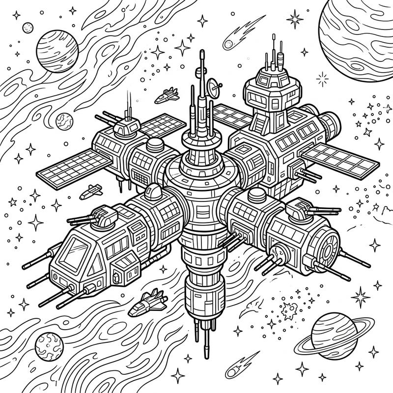 Prepare for an intergalactic coloring mission with this detailed military space station. Featuring advanced modules and a cosmic backdrop, it's perfect for sci-fi fans of all ages.