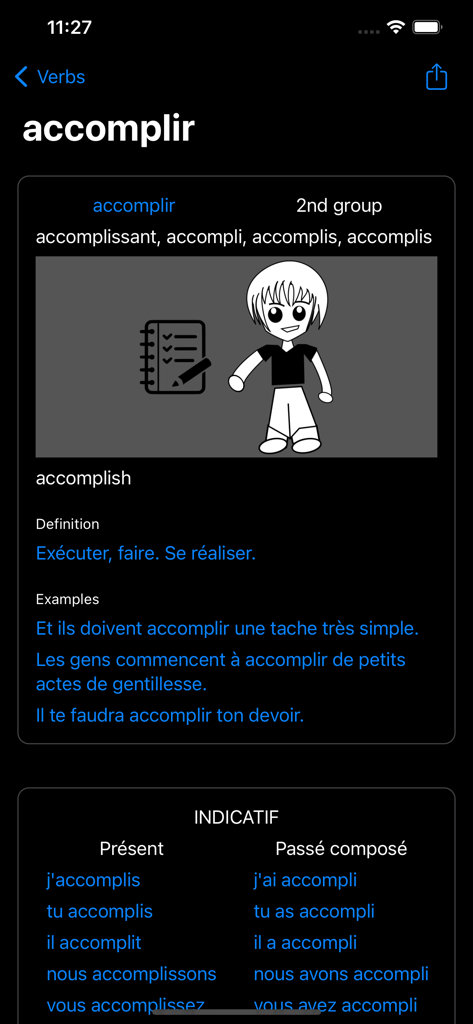 Conjugaison Française - Captura de pantalla de la aplicación Conjugaison Francaise que muestra el verbo accomplir con su definición y tiempos verbales