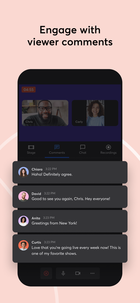 StreamYard Guest - StreamYard Guest app interface showing a live video stream with real-time viewer comments for audience engagement.