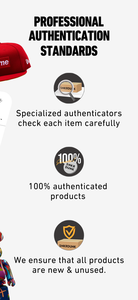 Infographic showing SNKRDUNK professional authentication standards for 100 percent authentic and new products
