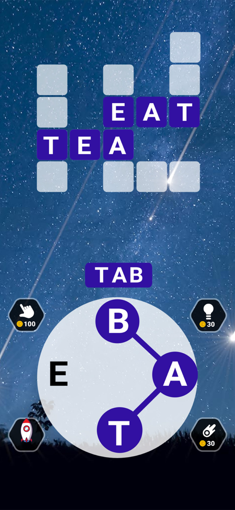 Word Galaxy Challenge - A word connect puzzle game interface showing the letters B, A, and T being linked over a starry night sky background.