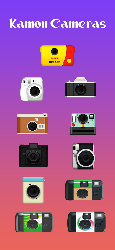 A collection of retro and disposable camera icons on a gradient background in the Kamon app selection menu.