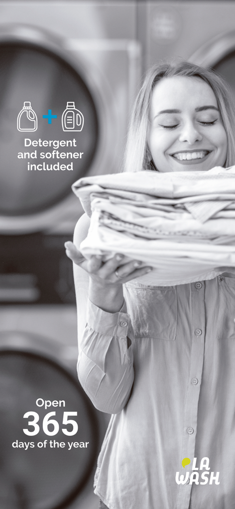 Una mujer sonriente sosteniendo ropa limpia y doblada en una lavandería con texto que destaca detergente incluido y disponibilidad todo el año