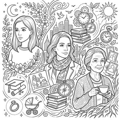 Embark on a reflective artistic journey with this unique coloring page featuring an Ageing Self-Portrait. Discover the beauty of life's transitions as you bring to life three distinct stages of a woman's journey.
