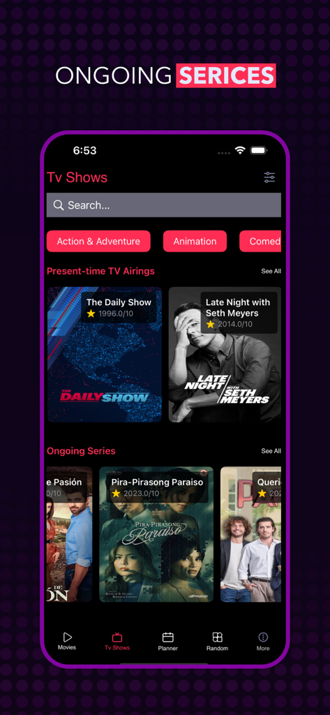 Netmirror app screen displaying ongoing TV shows and series with search filters and categories.